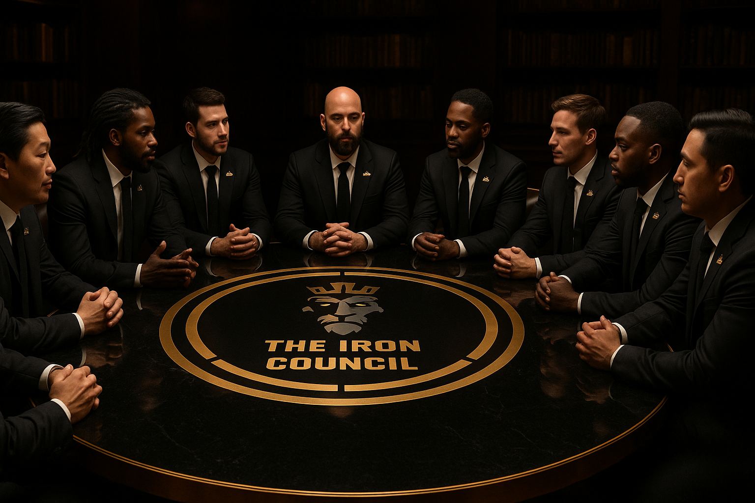 Men in black suits seated around a round table inlaid with The Iron Council crest